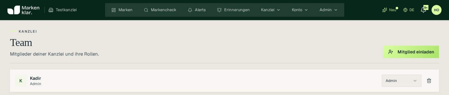 Team-Verwaltung mit Mitgliedern und zugewiesenen Rollen